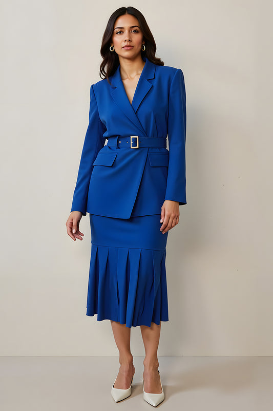 Royal Blue 2 Piece Notched Lapel Long Sleeves Midi Pencil Business Suits