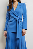 Blue 2 Piece Peak Lapel Long Sleeves Midi Pleated Business Suits
