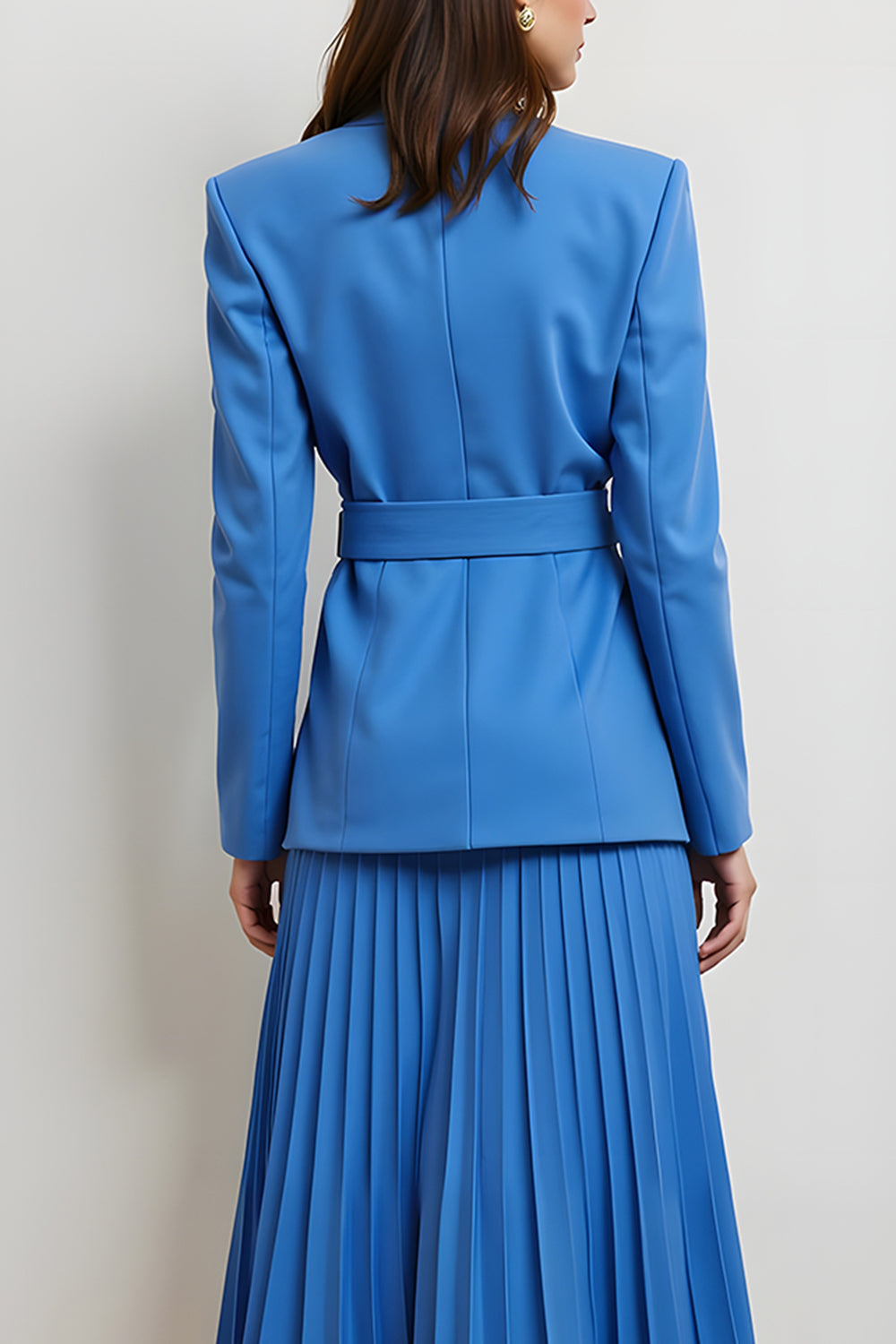 Blue 2 Piece Peak Lapel Long Sleeves Midi Pleated Business Suits