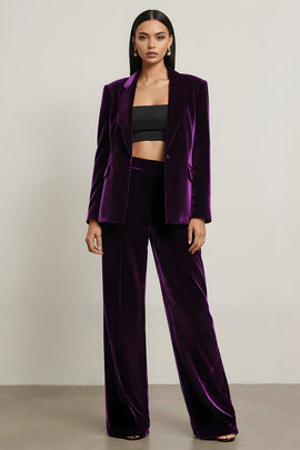 Dark Purple 2 Piece Notched Lapel Velvet Long Sleeves Prom Suits