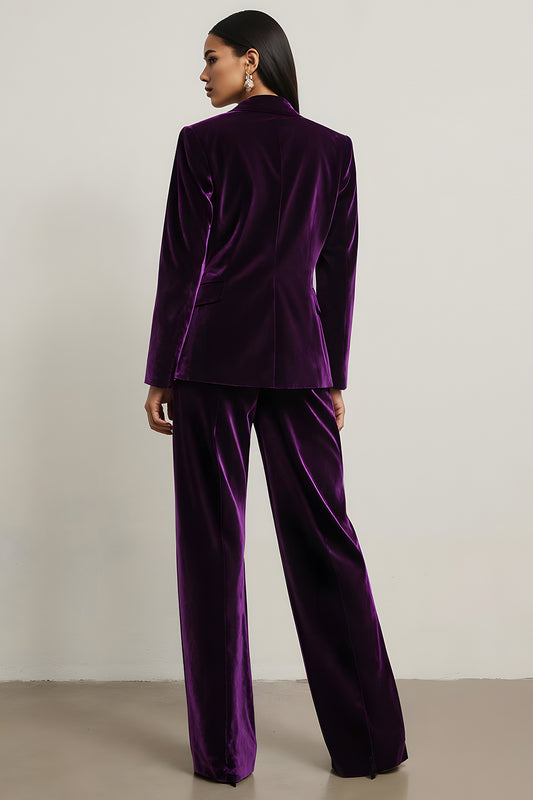 Dark Purple 2 Piece Notched Lapel Velvet Long Sleeves Prom Suits