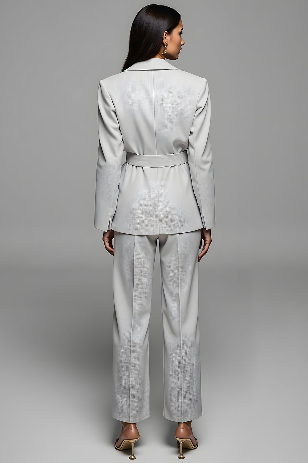 Grey 2 Piece Notched Lapel Long Sleeves Business Suits with Belt