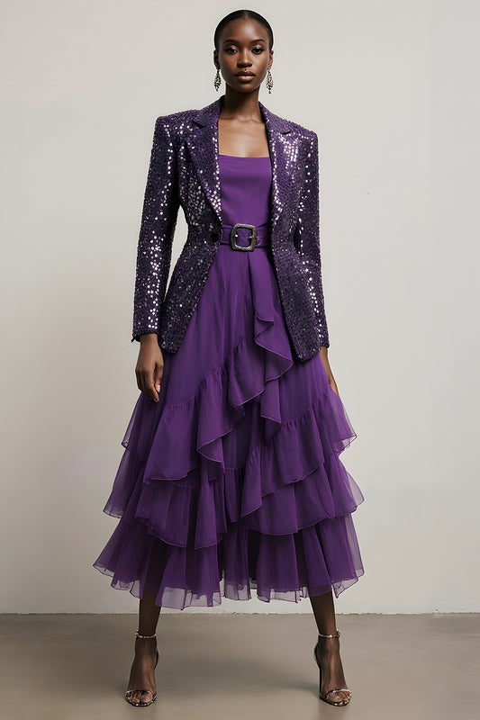 Sparkly Dark Purpke Sequin 2 Piece Notched Lapel Long Sleeves Prom Suits