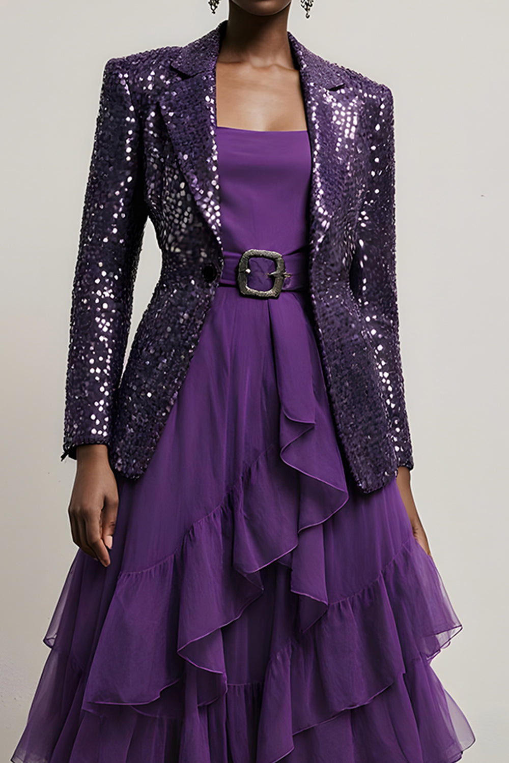 Sparkly Dark Purpke Sequin 2 Piece Notched Lapel Long Sleeves Prom Suits