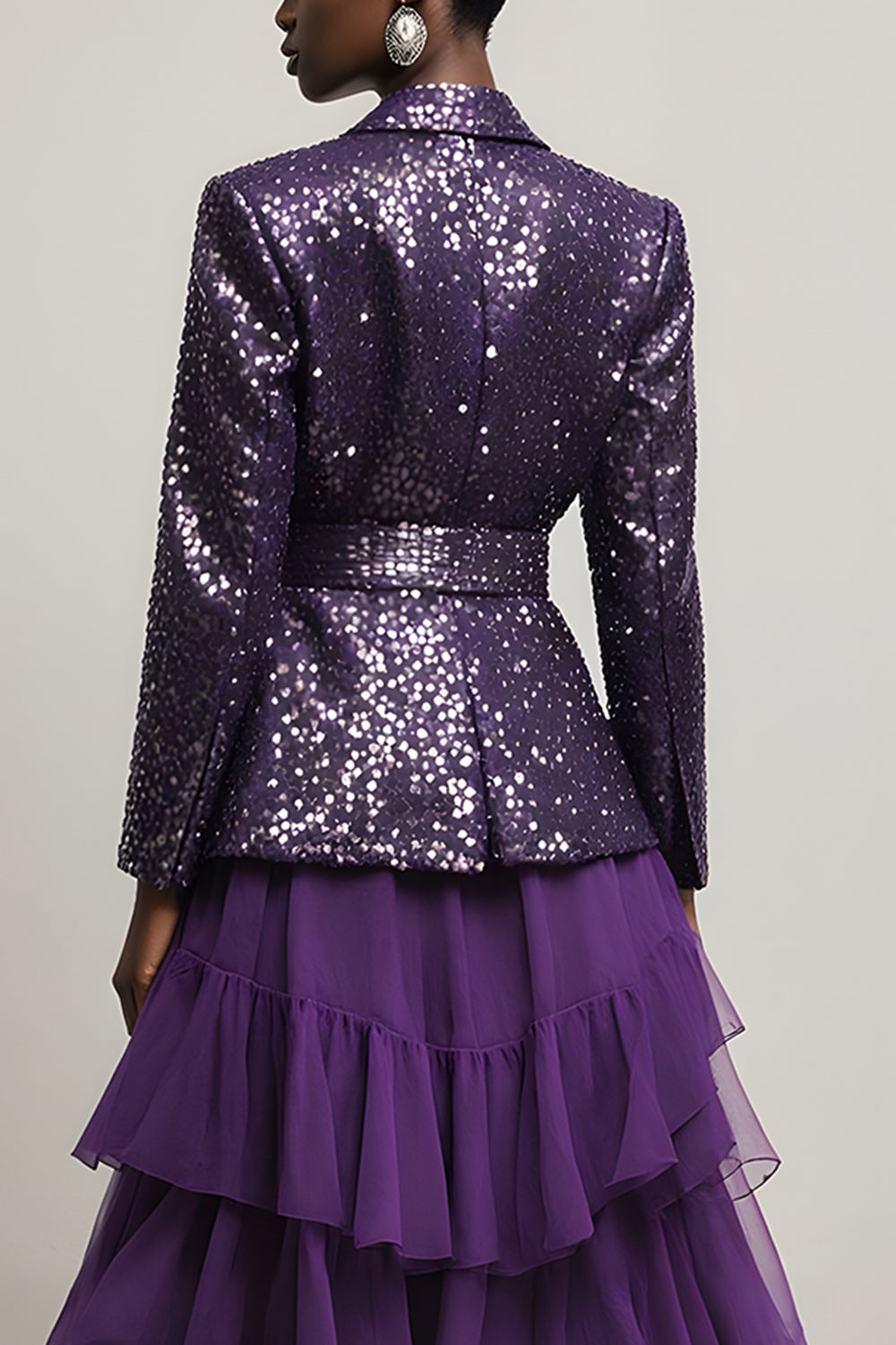 Sparkly Dark Purpke Sequin 2 Piece Notched Lapel Long Sleeves Prom Suits