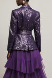 Sparkly Dark Purpke Sequin 2 Piece Notched Lapel Long Sleeves Prom Suits