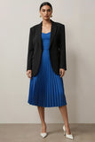 Black and Blue 2 Piece Notched Lapel Long Sleeves Pleated Midi Business Suits