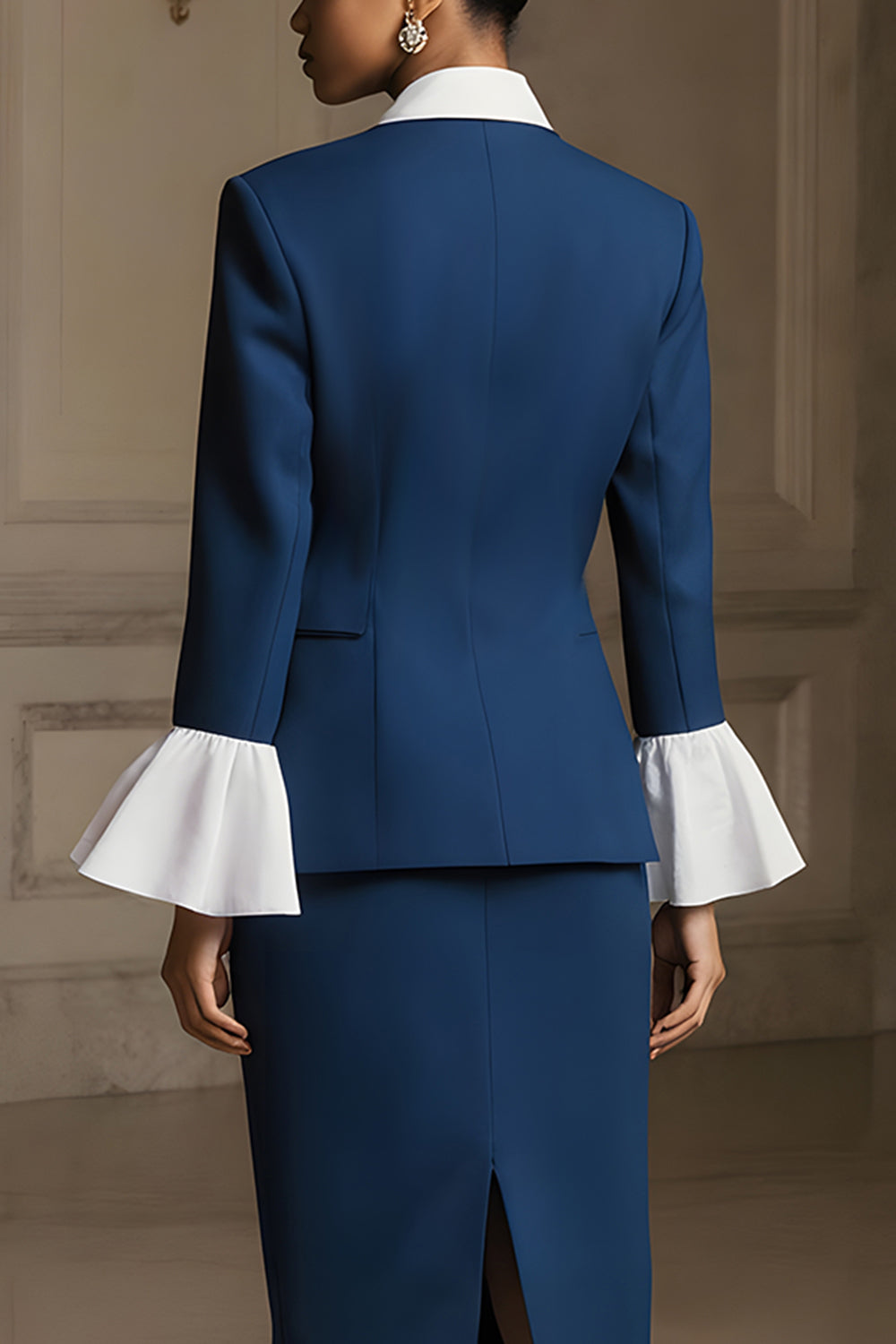 Navy Peak Lapel 3 Piece Long Sleeves Pencil Midi Business Suits
