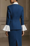 Navy Peak Lapel 3 Piece Long Sleeves Pencil Midi Business Suits
