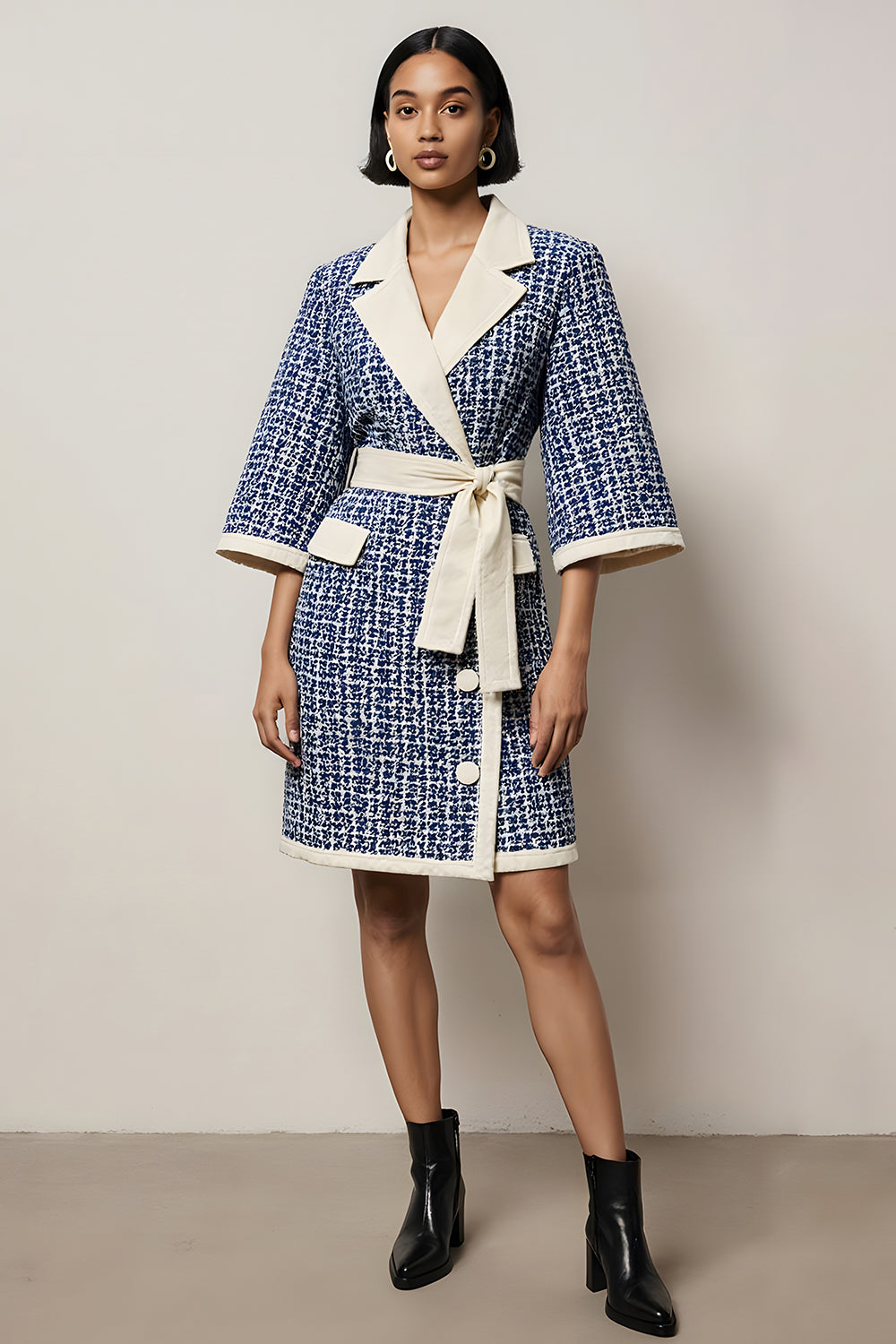Blue Notched Lapel Pencil Tweed Long Sleeves Short Work Dress with Sash
