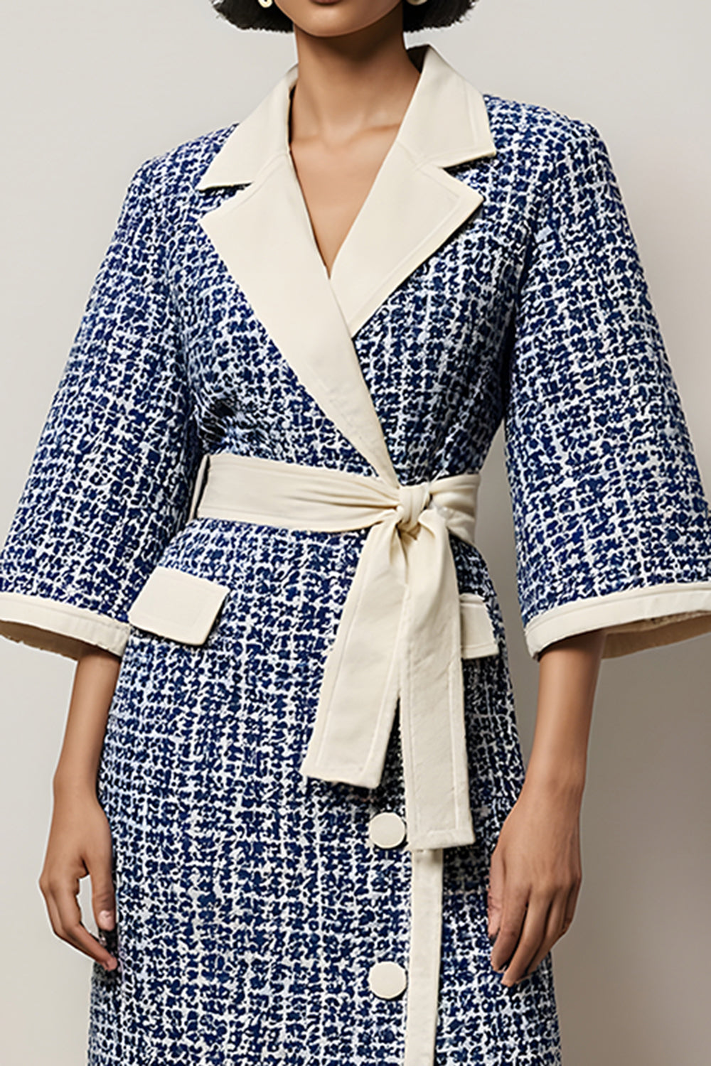 Blue Notched Lapel Pencil Tweed Long Sleeves Short Work Dress with Sash