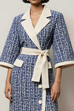 Blue Notched Lapel Pencil Tweed Long Sleeves Short Work Dress with Sash
