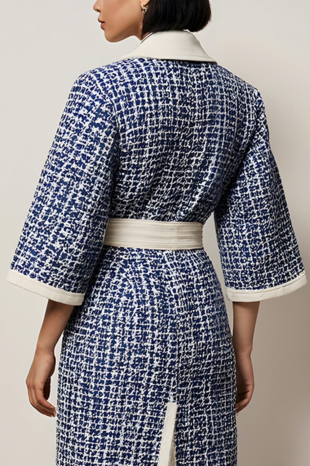 Blue Notched Lapel Pencil Tweed Long Sleeves Short Work Dress with Sash