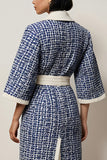 Blue Notched Lapel Pencil Tweed Long Sleeves Short Work Dress with Sash