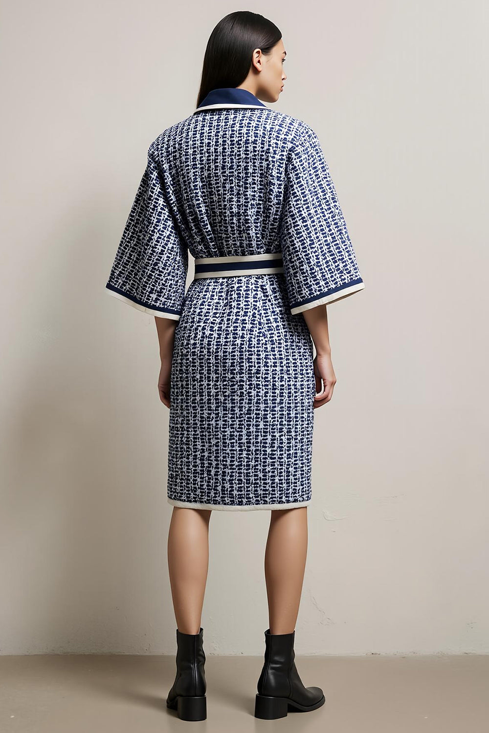 Blue Pencil Tweed Collar Neck Long Sleeves Midi Work Dress