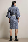 Blue Pencil Tweed Collar Neck Long Sleeves Midi Work Dress