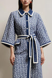 Blue Pencil Tweed Collar Neck Long Sleeves Midi Work Dress