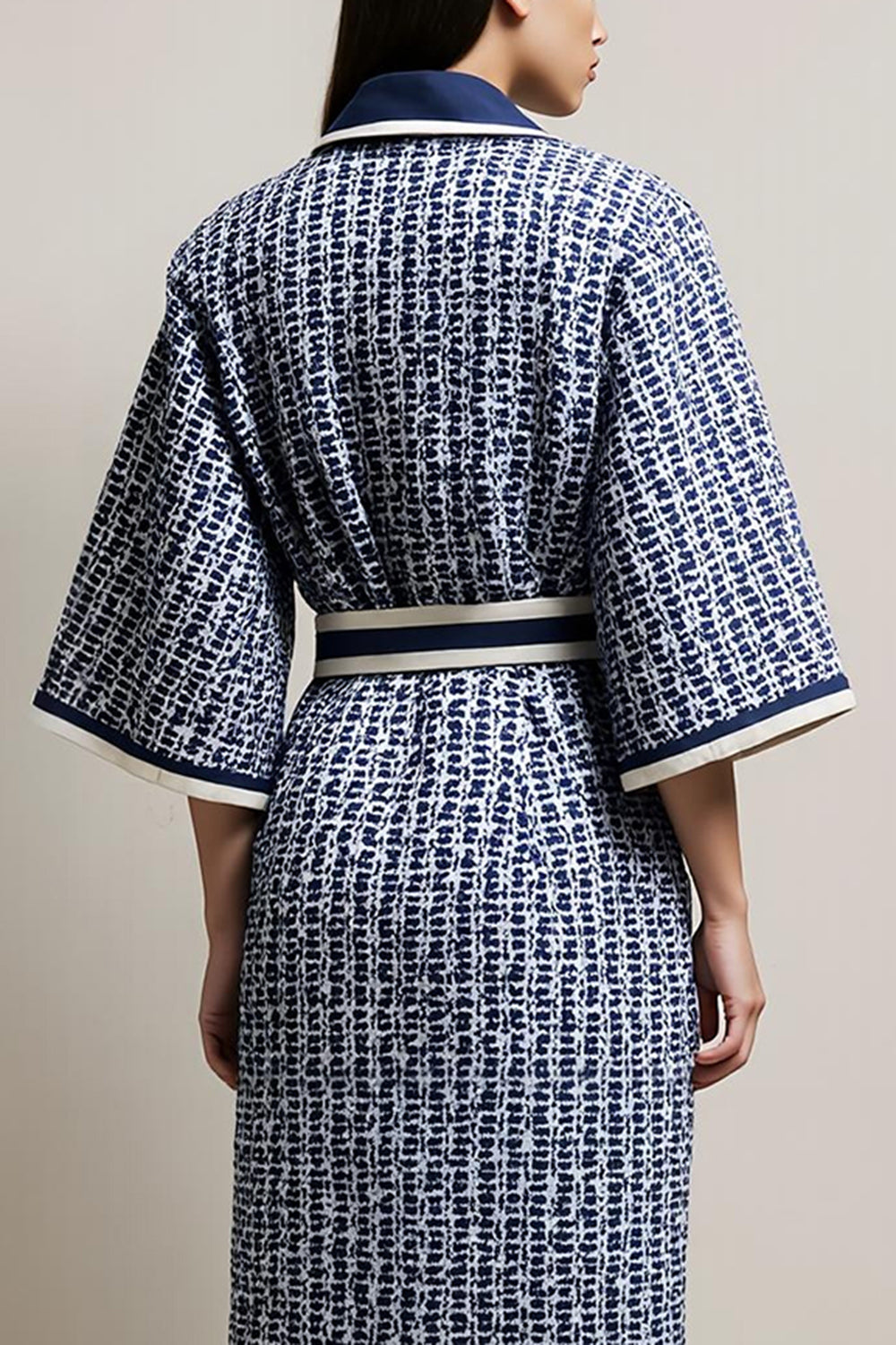 Blue Pencil Tweed Collar Neck Long Sleeves Midi Work Dress