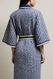 Blue Pencil Tweed Collar Neck Long Sleeves Midi Work Dress