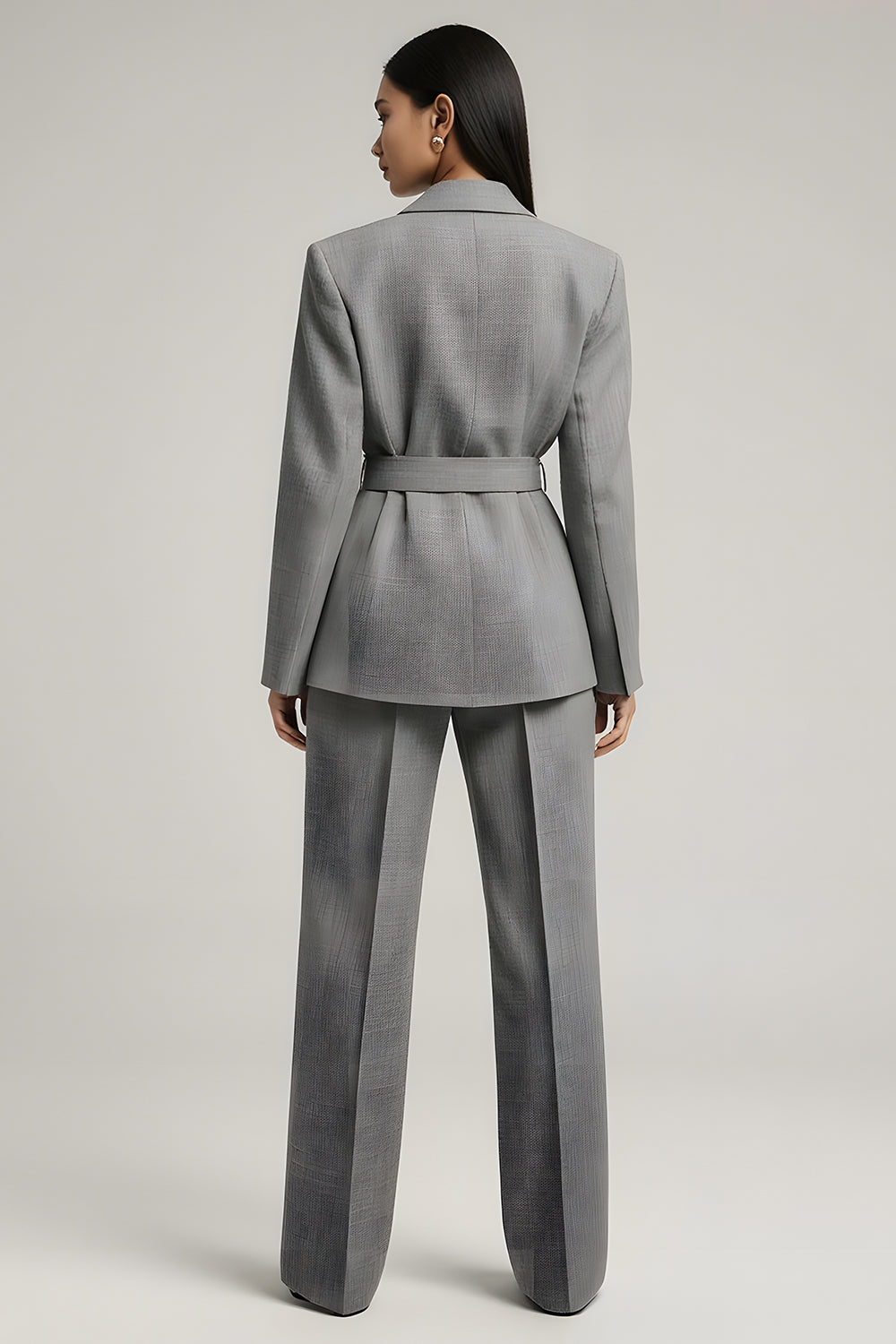 Grey Notched Lapel Long Sleeves Business Suits with Belt