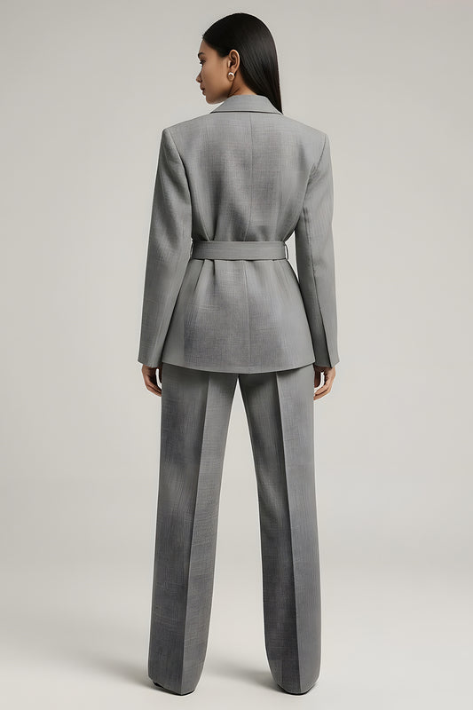 Grey Notched Lapel Long Sleeves Business Suits with Belt