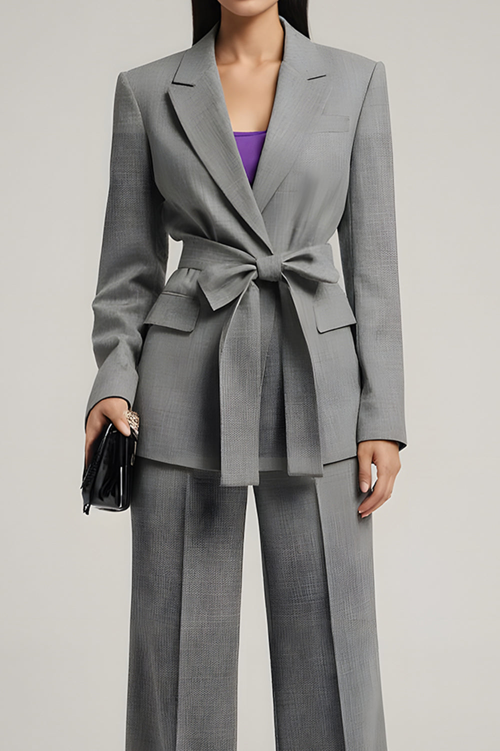 Grey Notched Lapel Long Sleeves Business Suits with Belt