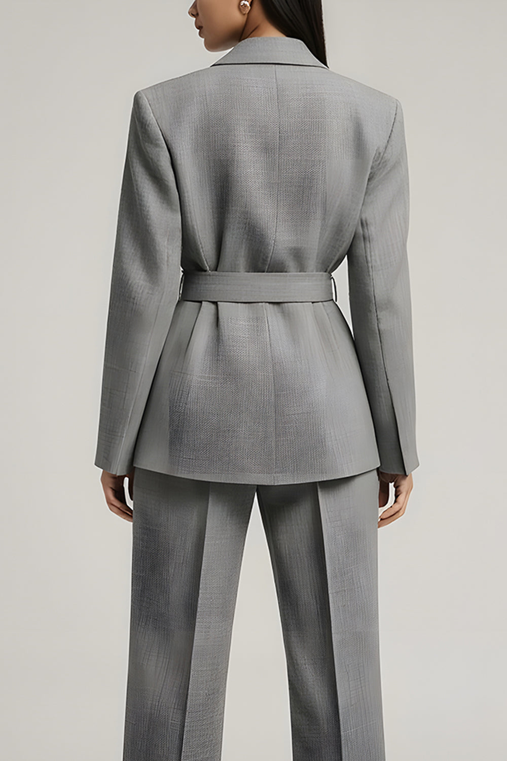 Grey Notched Lapel Long Sleeves Business Suits with Belt