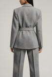 Grey Notched Lapel Long Sleeves Business Suits with Belt