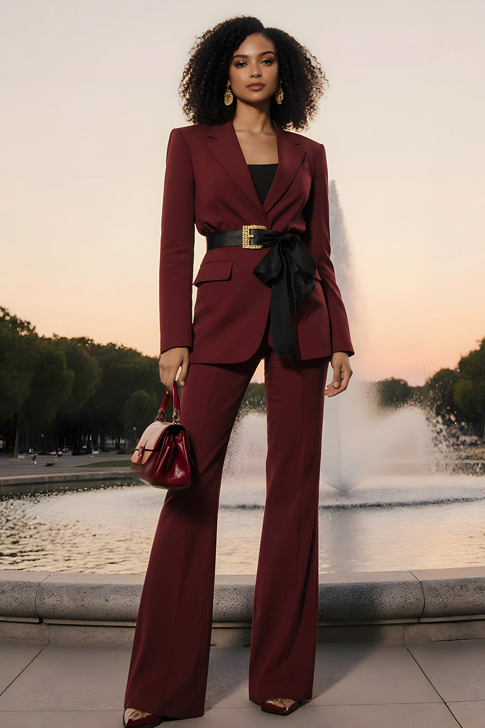 Burgundy Notched Lapel Long Sleeves Business Suits with Belt