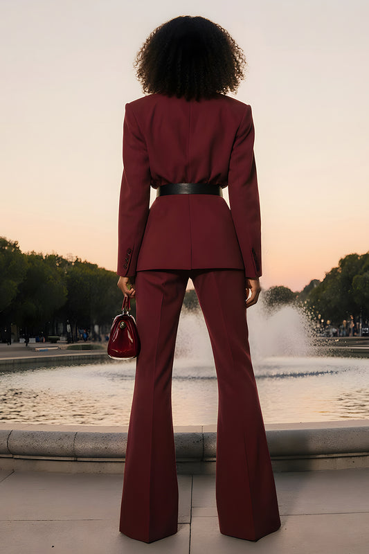 Burgundy Notched Lapel Long Sleeves Business Suits with Belt