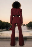 Burgundy Notched Lapel Long Sleeves Business Suits with Belt
