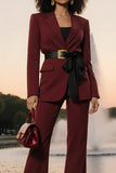 Burgundy Notched Lapel Long Sleeves Business Suits with Belt