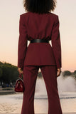 Burgundy Notched Lapel Long Sleeves Business Suits with Belt