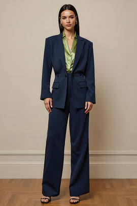Navy Notched Lapel 2 Piece Long Sleeves Business Suits with Pockets