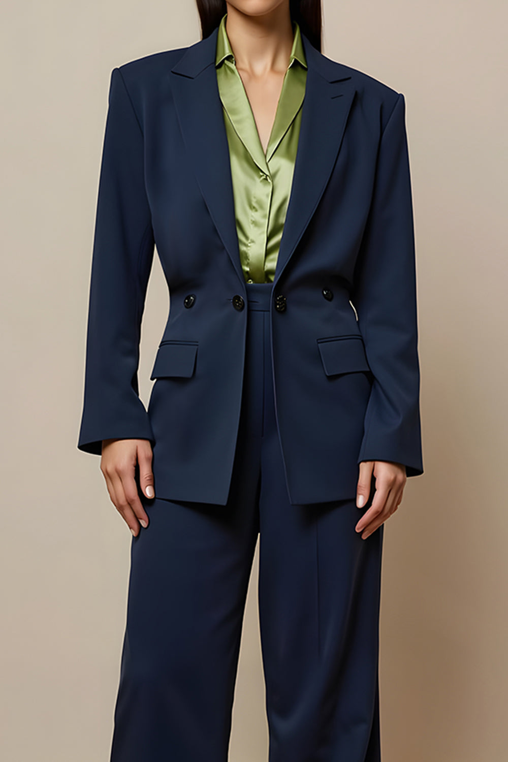 Navy Notched Lapel 2 Piece Long Sleeves Business Suits with Pockets
