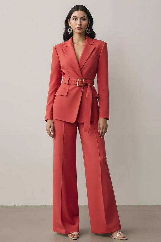 Red Notched Lapel 2 Piece Long Sleeves Prom Suits with Belt