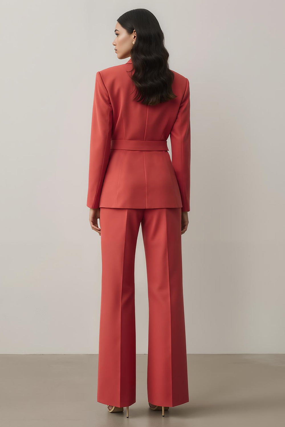 Red Notched Lapel 2 Piece Long Sleeves Prom Suits with Belt