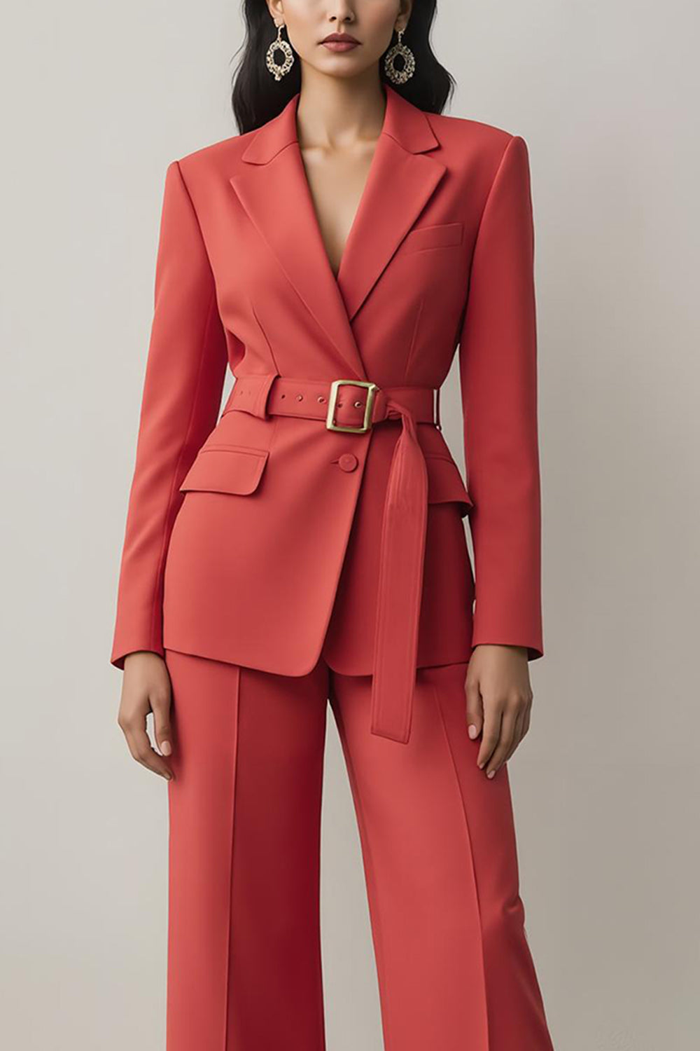 Red Notched Lapel 2 Piece Long Sleeves Prom Suits with Belt
