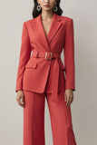 Red Notched Lapel 2 Piece Long Sleeves Prom Suits with Belt