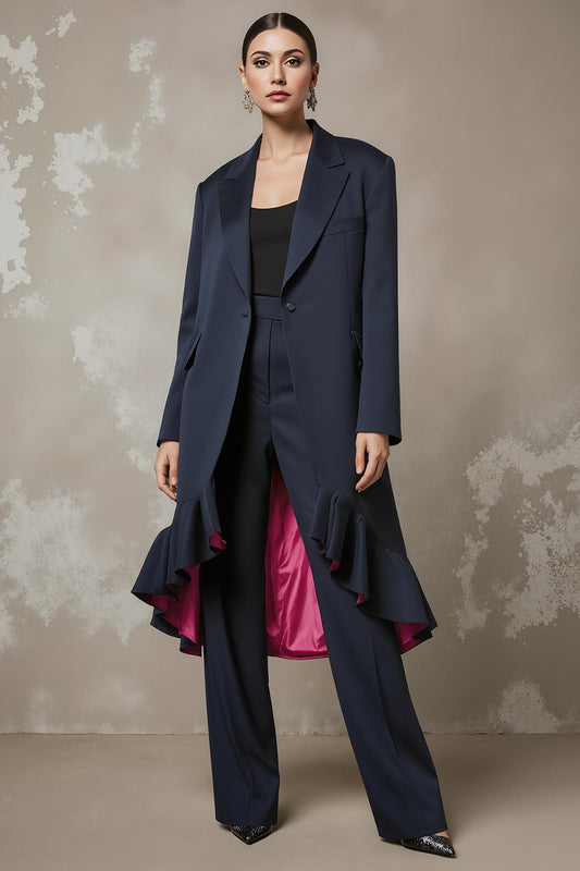 Navy Notched Lapel 2 Piece Long Sleeves Business Suits with Ruffles