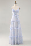 Blue Corset Floral Chiffon Long Wedding Guest Dress with Ruffles