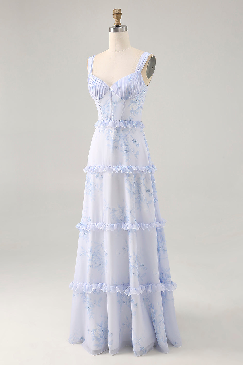 Blue Floral Chiffon Corset Long Wedding Guest Dress with Ruffles