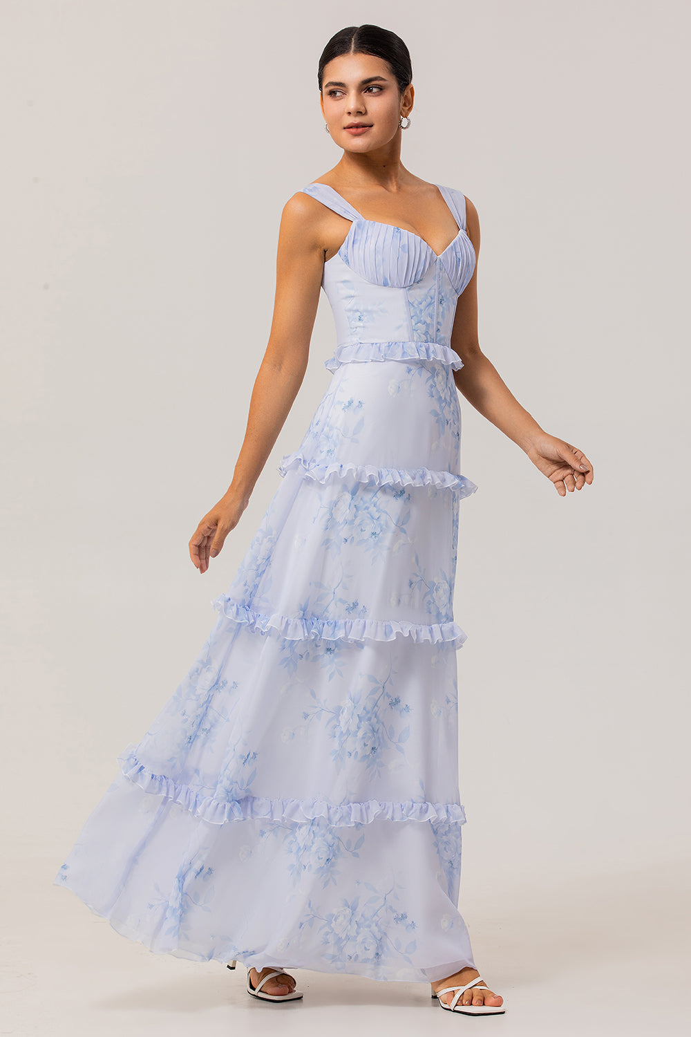Blue Corset Floral Chiffon Long Wedding Guest Dress with Ruffles