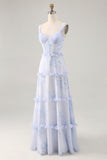 Blue Floral Chiffon Corset Long Wedding Guest Dress with Ruffles