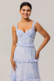 Blue Corset Floral Chiffon Long Wedding Guest Dress with Ruffles