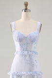 Blue Floral Chiffon Corset Long Wedding Guest Dress with Ruffles
