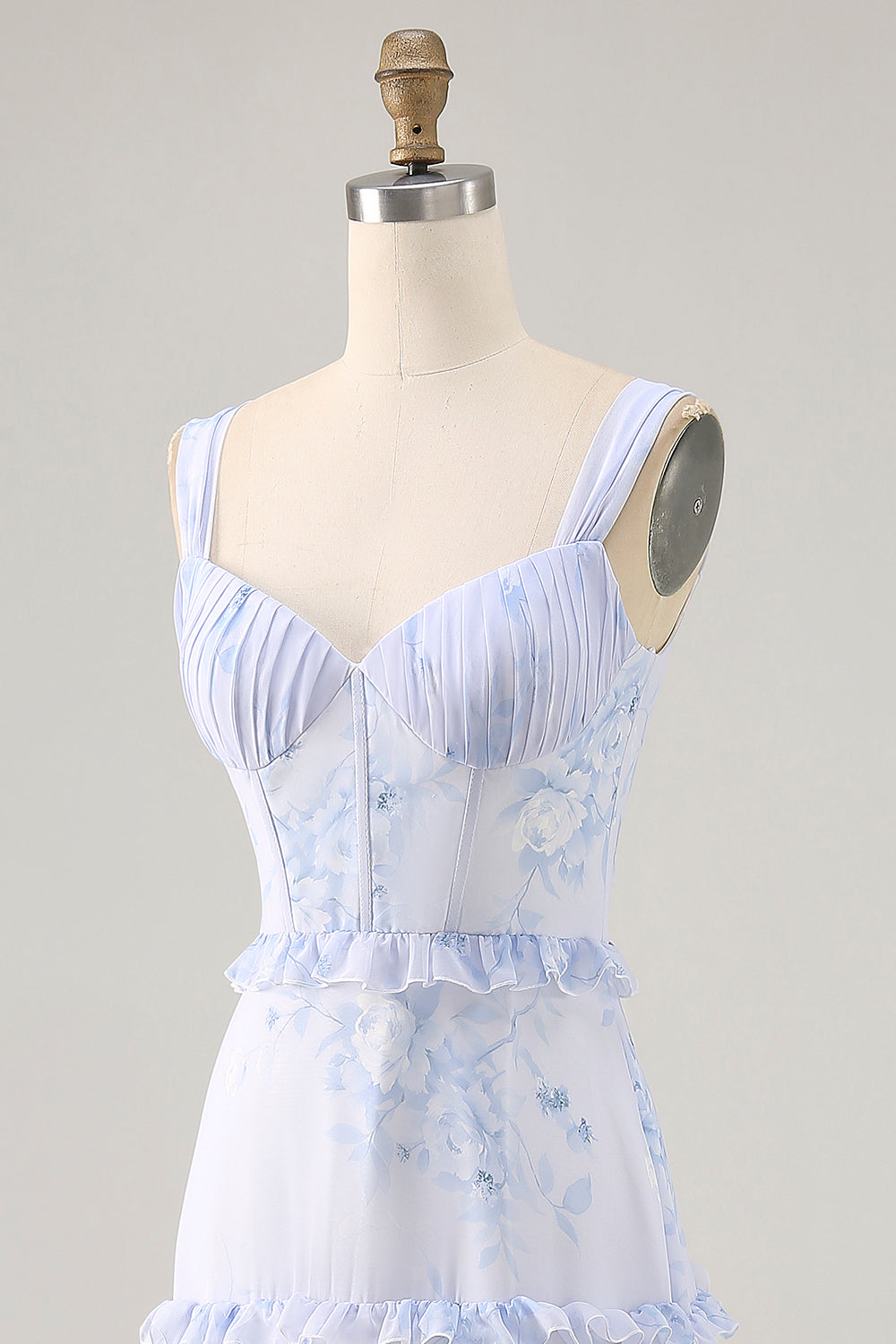 Blue Floral Chiffon Corset Long Wedding Guest Dress with Ruffles
