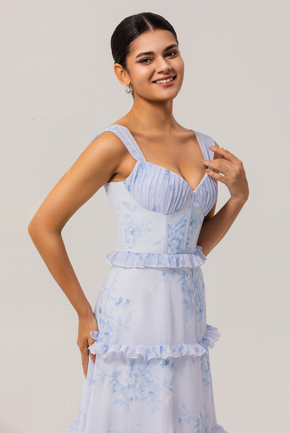 Blue Corset Floral Chiffon Long Wedding Guest Dress with Ruffles