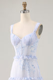 Blue Floral Chiffon Corset Long Wedding Guest Dress with Ruffles