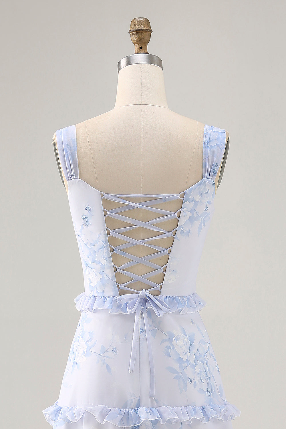 Blue Floral Chiffon Corset Long Wedding Guest Dress with Ruffles
